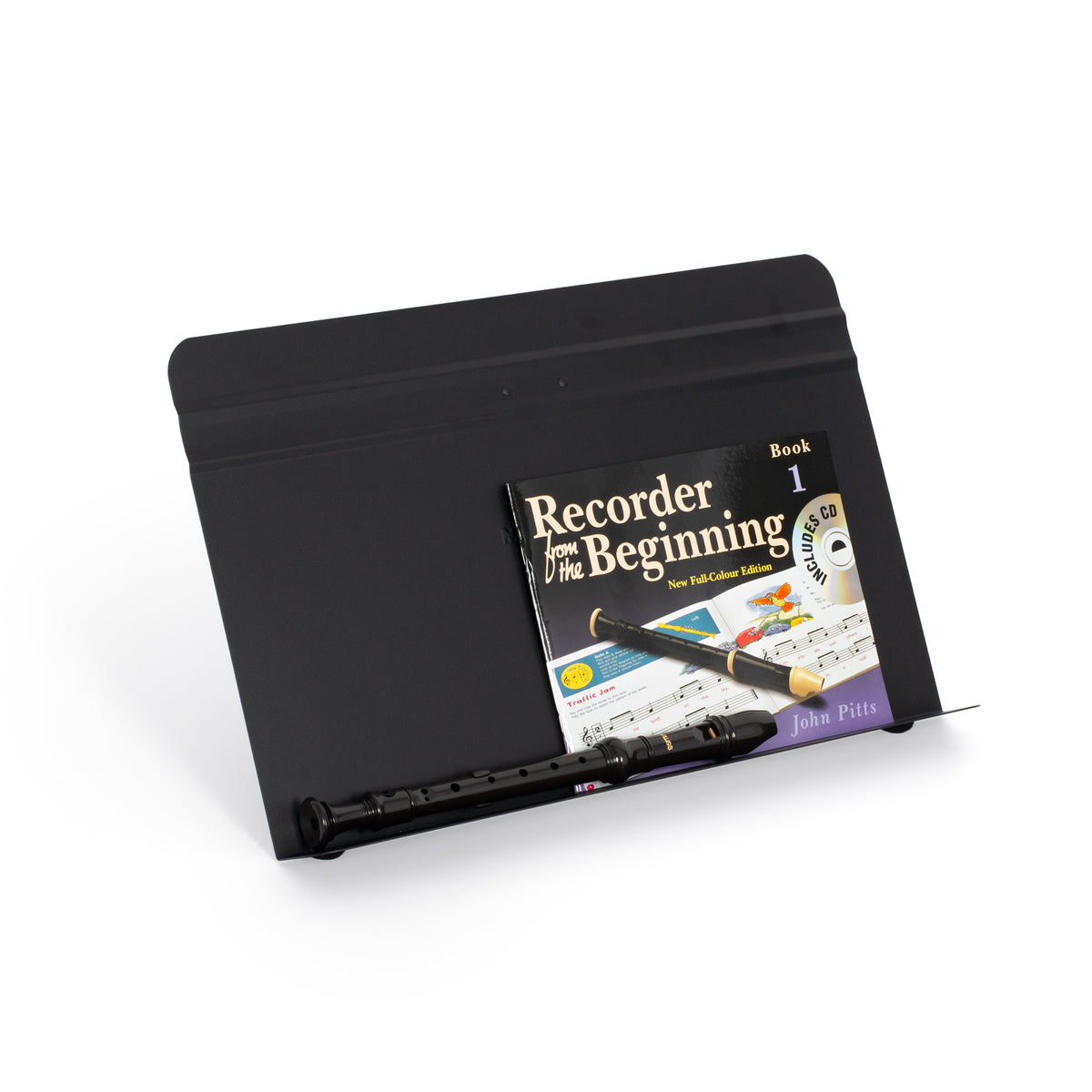 Tabletop music stand with Recorder music book and recorder
