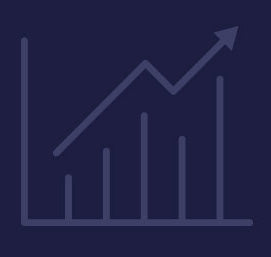 A dark navy blue icon depicting a rising bar chart with an upward-trending arrow, representing growth or positive performance.