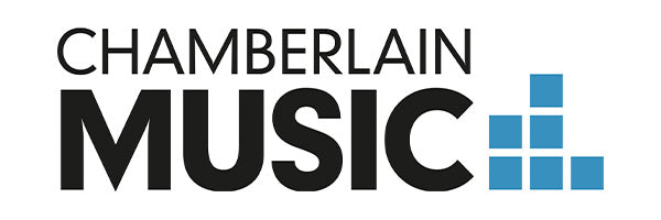 Chamberlain Music logo with bold black text and blue block graphics on a white background.