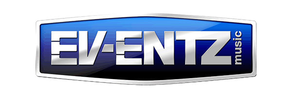 The logo for Eventz Music, featuring the brand name in bold silver 3D lettering on a glossy blue and black gradient background, enclosed in a silver metallic border.