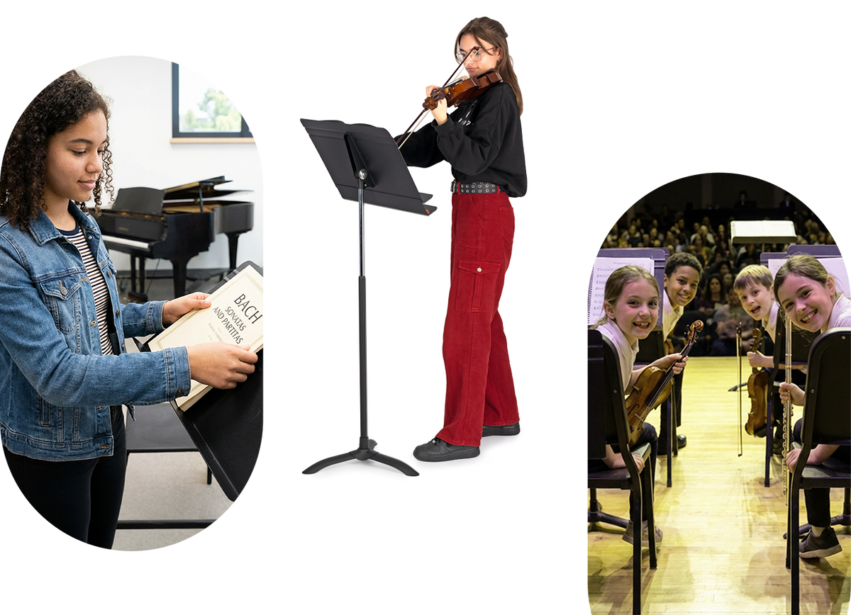 A composite product listing image showing a black music stand with an attached adjustable neck and headstock, demonstrated by two girls playing violins. The left circular inset shows a girl holding sheet music at the stand, and the right arched inset shows a group of girls playing string instruments on a stage.