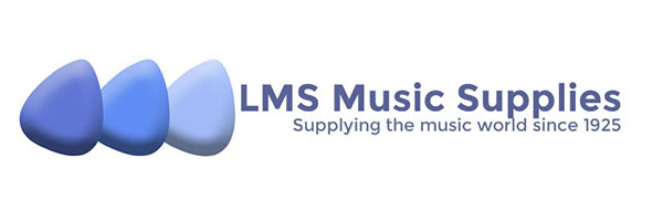 LMS Music Supplies logo with three blue and light blue guitar-pick-like shapes on the left and the text 'LMS Music Supplies' and 'Supplying the music world since 1925' on a white background.