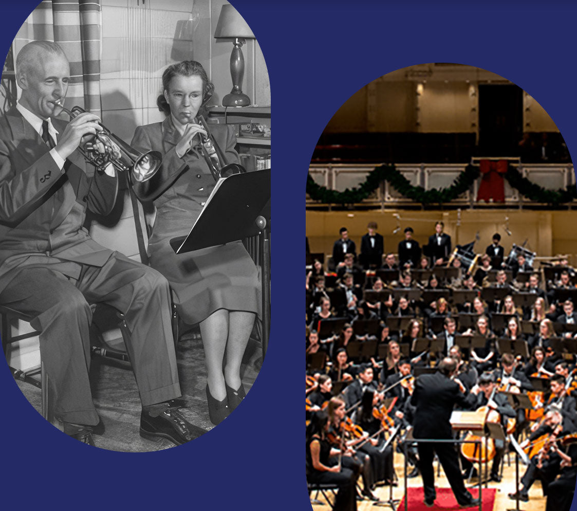 A split collage with two oval photos: the left is a black-and-white photo of a man playing trumpet and a woman playing clarinet, and the right is a color photo of a large orchestra performing on stage.