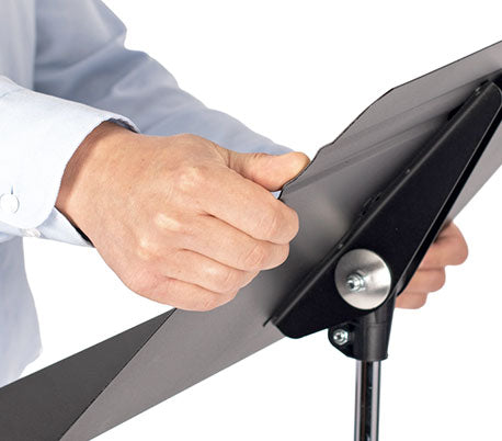 Close up of person adjusting the angle of a Manhasset stand desk