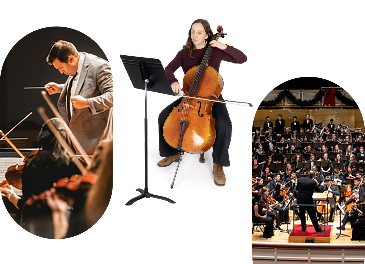 A collage showing a woman playing a cello on a music stand against a white background, with two circular inset photos of orchestral performances on the left and right.