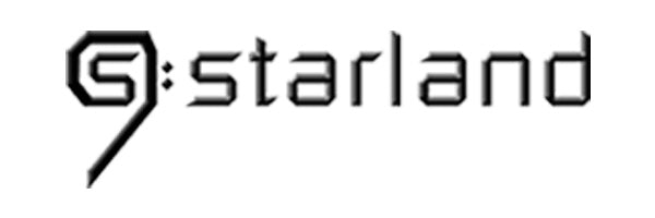 The logo for Starland is shown in black on a solid white background, featuring a stylized 'S' with a star-like cutout and the word 'starland' in a futuristic sans-serif font.