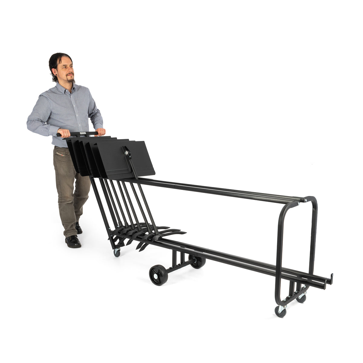 Man pushing large Symphony music stand cart for up to 25 stands